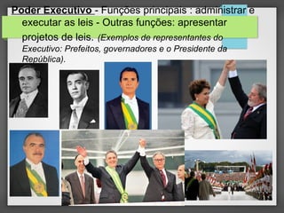 Poder Executivo - Funções principais : administrar e
executar as leis - Outras funções: apresentar
projetos de leis. (Exemplos de representantes do
Executivo: Prefeitos, governadores e o Presidente da
República).
 