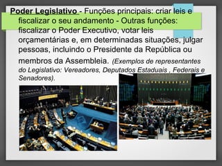 Poder Legislativo - Funções principais: criar leis e
fiscalizar o seu andamento - Outras funções:
fiscalizar o Poder Executivo, votar leis
orçamentárias e, em determinadas situações, julgar
pessoas, incluindo o Presidente da República ou
membros da Assembleia. (Exemplos de representantes
do Legislativo: Vereadores, Deputados Estaduais , Federais e
Senadores).
 