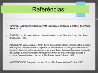 Referências:
• http://www.infoescola.com/sociologia/teoria-dos-tres-poderes-executivo-legislativo-e-judiciari
• FORTES, Luiz Roberto Salinas, 1937- Rousseau: da teoria a prática. São Paulo,
Ática, 1976.
• FORTES, Luiz Roberto Salinas. O Iluminismo e os reis filósofos. 3. ed. São Paulo:
Brasiliense, 1989.
• ROUSSEAU, Jean-Jacques, 1712- 1778. Do contrato social; ensaios sobre a origem
das línguas; Discurso sobre a origem e os fundamentos da desigualdade entre os
homens; Discurso sobre as ciências e as artes/ Jean- Jacques Rousseau; tradução
de Lourdes Santos Machado; introduções e notas de Paul Arbousse-Bastide e
Lourival Gomes Machado.- 4. ed. - São Paulo: Nova Cultural, 1987.
• MONTESQUIEU. O espírito das leis. 3. ed. São Paulo: Martins Fontes, 2005.
 