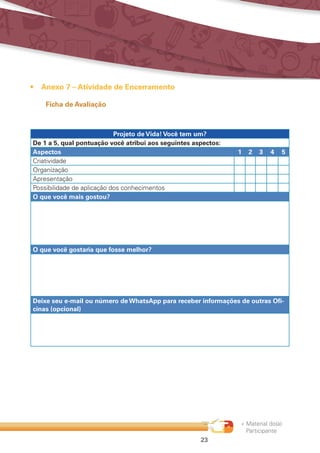 « Material do(a)
Participante
23
•	 Anexo 7 – Atividade de Encerramento
Ficha de Avaliação
Projeto de Vida! Você tem um?
De 1 a 5, qual pontuação você atribui aos seguintes aspectos:
Aspectos 1 2 3 4 5
Criatividade
Organização
Apresentação
Possibilidade de aplicação dos conhecimentos
O que você mais gostou?
O que você gostaria que fosse melhor?
Deixe seu e-mail ou número de WhatsApp para receber informações de outras Ofi-
cinas (opcional)
 