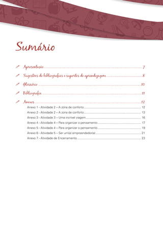 Sumário
	 Apresentação...............................................................................................7
	 Sugestões de bibliografias e suportes de aprendizagem...................................8
	 Glossário....................................................................................................10
	 Bibliografia................................................................................................ 11
	 Anexos ......................................................................................................12
Anexo 1 - Atividade 2 – A zona de conforto..................................................................... 12
Anexo 2 - Atividade 2 – A zona de conforto..................................................................... 13
Anexo 3 - Atividade 3 – Uma incrível viagem................................................................... 16
Anexo 4 - Atividade 4 – Para organizar o pensamento..................................................... 17
Anexo 5 - Atividade 4 – Para organizar o pensamento..................................................... 19
Anexo 6 - Atividade 5 – Ser um(a) empreendedor(a)....................................................... 21
Anexo 7 - Atividade de Encerramento............................................................................. 23
 