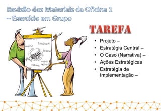 • Projeto –
• Estratégia Central –
• O Caso (Narrativa) –
• Ações Estratégicas
• Estratégia de
Implementação –
 