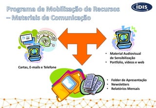 Cartas, E-mails e Telefone
• Material Audiovisual
de Sensibilização
• Portfolio, vídeos e web
• Folder de Apresentação
• Newsletters
• Relatórios Mensais
 