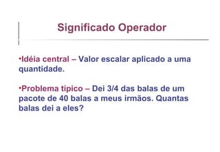Significado Operador   Idéia central –   Valor escalar aplicado a uma quantidade. Problema típico –   Dei 3/4 das balas de um pacote de 40 balas a meus irmãos. Quantas balas dei a eles? 