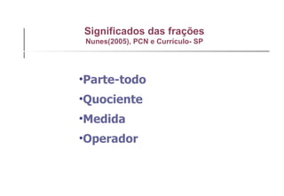 Significados das frações Nunes(2005), PCN e Currículo- SP   Parte-todo Quociente Medida Operador 
