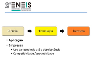 • Aplicação
• Empresas
• Uso da tecnologia até a obsolescência
• Competitividade / produtividade
 