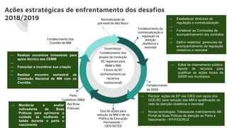 Ações estratégicas de enfrentamento dos desafios
2018/2019
Governança:
Fortalecimento
dos grupos de
condução RC
regionais para
RMM e RMI
Fortalecimento da
contratualização e
regulação na
atenção
obstétrica e
neonatal
Fortalecimento dos
Comitês de MM
Fortalecimento
da SSSR
Eixo de ações para
redução da MM e MI na
Política de Educação
Permanente –
CIES/SGTES
Parto
Cuidadoso (M&A
das Boas
Práticas)
Governança:
Fortalecimento dos
grupos de condução
RC regionais para
RMM e RMI
Fóruns da RC
(enfrentamento ao
racismos
institucional)
→ Edital de chamamento público.
Aporte de recursos para
qualificar as ações locais de
SSSR nos municipios
→ Monitorar e avaliar
indicadores de Boas
Práticas para aprimorar o
cuidado às mulheres e
bebês durante o parto e
nascimento
→ Realizar encontros trimestrais para
apoio técnico aos CEMM
→
→ Fomentar e incentivar sua criação
→
→ Realizar encontro semestral da
Comissão Nacional de MM com os
Comitês.
→ Estabelecer diretrizes de
regulação e contratualização
→
→ Fortalecer as Comissões de
acompanhamento dos contratos
→
→ Definir relatórios gerenciais de
acompanhamento da regulação
obstetrica e neonatal
→ Pactuar ações de EP nas CIES com apoio dos
GCE-RC para redução das MM e qualificação da
rede de atenção obstétrica e neonatal
→ Novas tecnologias: Telessaude matriciamento AB;
Portal de Boas Prátcas de atenção ao Parto e
Nascimento - IFF/FIOCRUZ
Normatização do
pré-natal de Alto Risco
 