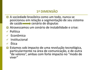1ª DIMENSÃO
 A sociedade brasileira como um todo, nunca se
posicionou em relação a segmentação de seu sistema
de saúde ce...
