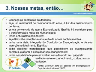3. Nossas metas, então…
                                                           http://estudosespiritas.tk



• Conheça os conteúdos doutrinários;
• seja um referencial de comportamento ético, à luz dos ensinamentos
  de Jesus;
• esteja convencido de que a Evangelização Espírita irá contribuir para
  a transformação moral da Humanidade;
• tenha entusiasmo pela tarefa;
• seja flexível e receptivo à aquisição de novos conhecimentos ;
• tenha uma visão integrada do Currículo da Evangelização e de sua
  inserção no Movimento Espírita;
• saiba escolher metodologias que possibilitem ao evangelizando
  construir, elaborar e expressar seu conhecimento;
• tenha sensibilidade para se avaliar, considerando seu papel de
                          mediador entre o conhecimento, o aluno e sua
                          realidade.
                          Fonte: Currículo para as Escolas de Evangelização
  3ª Reflexão             Espírita Infanto-Juvenil / FEB
 