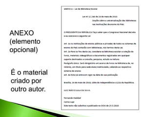 ANEXO
(elemento
opcional)


É o material
criado por
outro autor.
 