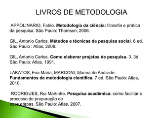 LIVROS DE METODOLOGIA
APPOLINARIO, Fabio. Metodologia da ciência: filosofia e prática
da pesquisa. São Paulo: Thomson, 2006.

GIL, Antonio Carlos. Métodos e técnicas de pesquisa social. 6 ed.
São Paulo : Atlas, 2008.

GIL, Antonio Carlos. Como elaborar projetos de pesquisa. 3. 3d.
São Paulo: Atlas, 1991.

LAKATOS, Eva Maria; MARCONI, Marina de Andrade.
Fundamentos de metodologia científica. 7 ed. São Paulo: Atlas,
2010.

 RODRIGUES, Rui Martinho. Pesquisa acadêmica: como facilitar o
processo de preparação de
suas etapas. São Paulo: Atlas, 2007.
 