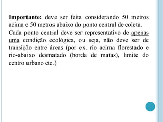 Importante: deve ser feita considerando 50 metros
acima e 50 metros abaixo do ponto central de coleta.
Cada ponto central deve ser representativo de apenas
uma condição ecológica, ou seja, não deve ser de
transição entre áreas (por ex. rio acima florestado e
rio-abaixo desmatado (borda de matas), limite do
centro urbano etc.)
 