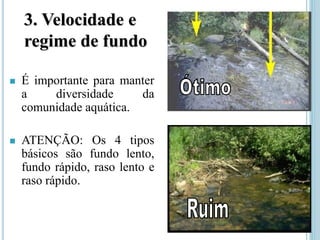 3. Velocidade e
regime de fundo
 É importante para manter
a diversidade da
comunidade aquática.
 ATENÇÃO: Os 4 tipos
básicos são fundo lento,
fundo rápido, raso lento e
raso rápido.
 