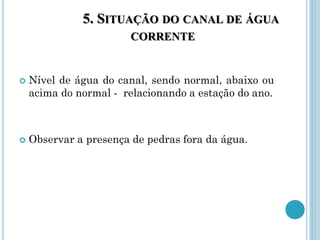 5. SITUAÇÃO DO CANAL DE ÁGUA
CORRENTE
 Nível de água do canal, sendo normal, abaixo ou
acima do normal - relacionando a estação do ano.
 Observar a presença de pedras fora da água.
 