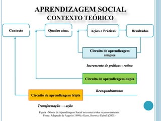 APRENDIZAGEM SOCIAL
CONTEXTO TEÓRICO
Contexto Quadro atual Ações e Práticas Resultados
Circuito de aprendizagem
simples
Incremento de práticas - rotina
Circuito de aprendizagem dupla
Reenquadramento
Circuito de aprendizagem tripla
Transformação → ação
Figura - Níveis de Aprendizagem Social no contexto dos recursos naturais.
Fonte: Adaptado de Argyris (1999) e Keen, Brown e Dyball (2005)
 