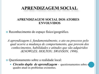 APRENDIZAGEM SOCIAL
APRENDIZAGEM SOCIAL DOS ATORES
ENVOLVIDOS
 Reconhecimento do espaço físico/geográfico.
A aprendizagem é, fundamentalmente, o ato ou processo pelo
qual ocorre a mudança de comportamento, que provem dos
conhecimentos, habilidades e atitudes que são adquiridos
(KNOWLES; HOLTON; SWANSON, 1998).
 Questionamento sobre a realidade local:
 Circuito dupla de aprendizagem - questionamentos sobre o
quadro atual os problemas existentes.
 
