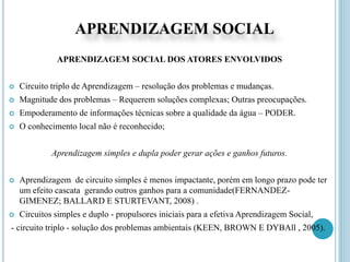 APRENDIZAGEM SOCIAL
APRENDIZAGEM SOCIAL DOS ATORES ENVOLVIDOS
 Circuito triplo de Aprendizagem – resolução dos problemas e mudanças.
 Magnitude dos problemas – Requerem soluções complexas; Outras preocupações.
 Empoderamento de informações técnicas sobre a qualidade da água – PODER.
 O conhecimento local não é reconhecido;
Aprendizagem simples e dupla poder gerar ações e ganhos futuros.
 Aprendizagem de circuito simples é menos impactante, porém em longo prazo pode ter
um efeito cascata gerando outros ganhos para a comunidade(FERNANDEZ-
GIMENEZ; BALLARD E STURTEVANT, 2008) .
 Circuitos simples e duplo - propulsores iniciais para a efetiva Aprendizagem Social,
- circuito triplo - solução dos problemas ambientais (KEEN, BROWN E DYBAll , 2005).
 
