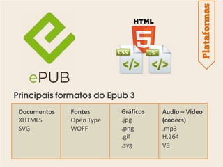Plataformas
Principais formatos do Epub 3
 Documentos   Fontes      Gráficos   Audio – Video
 XHTML5       Open Type   .jpg       (codecs)
 SVG          WOFF        .png       .mp3
                          .gif       H.264
                          .svg       V8
 