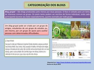 Blog grupal – São blogs produzidos pelo menos por duas pessoas. O foco é voltado para um tema
de interesse comum ao grupo. Os posts tanto podem ser escritos de forma individual, onde cada
participante escreve seu texto separadamente, quanto assinado por todo grupo.
CATEGORIZAÇÃO DOS BLOGS
Um blog grupal pode ser criado por um grupo de
amigos, estudantes de um grupo de estudos ou,
até mesmo, por um grupo de apoio para auxiliar
pessoas com determinadas dificuldades.
Disponível em: https://www.facebook.com/groups/engenhariaflorestal/.
Acesso em 26.jun.2013
 