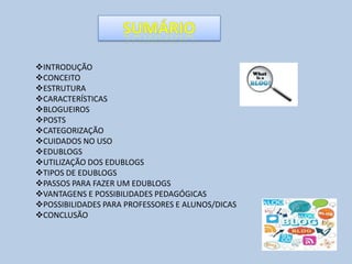 INTRODUÇÃO
CONCEITO
ESTRUTURA
CARACTERÍSTICAS
BLOGUEIROS
POSTS
CATEGORIZAÇÃO
CUIDADOS NO USO
EDUBLOGS
UTILIZAÇÃO DOS EDUBLOGS
TIPOS DE EDUBLOGS
PASSOS PARA FAZER UM EDUBLOGS
VANTAGENS E POSSIBILIDADES PEDAGÓGICAS
POSSIBILIDADES PARA PROFESSORES E ALUNOS/DICAS
CONCLUSÃO
 