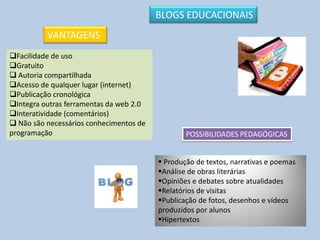 Facilidade de uso
Gratuito
 Autoria compartilhada
Acesso de qualquer lugar (internet)
Publicação cronológica
Integra outras ferramentas da web 2.0
Interatividade (comentários)
 Não são necessários conhecimentos de
programação
VANTAGENS
POSSIBILIDADES PEDAGÓGICAS
 Produção de textos, narrativas e poemas
Análise de obras literárias
Opiniões e debates sobre atualidades
Relatórios de visitas
Publicação de fotos, desenhos e vídeos
produzidos por alunos
Hipertextos
BLOGS EDUCACIONAIS
 