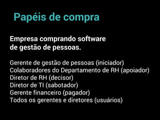 Papéis de compra
Empresa comprando software
de gestão de pessoas.
Gerente de gestão de pessoas (iniciador)
Colaboradores do Departamento de RH (apoiador)
Diretor de RH (decisor)
Diretor de TI (sabotador)
Gerente financeiro (pagador)
Todos os gerentes e diretores (usuários)
 