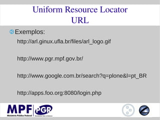 Uniform Resource Locator
                URL
Exemplos:
http://arl.ginux.ufla.br/files/arl_logo.gif


http://www.pgr.mpf.gov.br/


http://www.google.com.br/search?q=plone&l=pt_BR


http://apps.foo.org:8080/login.php
 