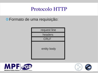 Protocolo HTTP
Formato de uma requisição:

                request line
                 headers
                  CRLF


                 entity body
 