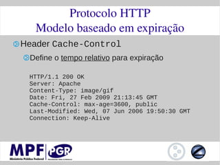 Protocolo HTTP
   Modelo baseado em expiração
Header Cache-Control
 Define o tempo relativo para expiração

 HTTP/1.1 200 OK
 Server: Apache
 Content-Type: image/gif
 Date: Fri, 27 Feb 2009 21:13:45 GMT
 Cache-Control: max-age=3600, public
 Last-Modified: Wed, 07 Jun 2006 19:50:30 GMT
 Connection: Keep-Alive
 