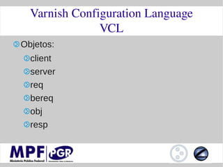 Varnish Configuration Language
               VCL
Objetos:
  client
  server
  req
  bereq
  obj
  resp
 