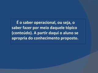 É o saber operacional, ou seja, o saber fazer por meio daquele tópico (conteúdo). A partir daqui o aluno se apropria do conhecimento proposto. 