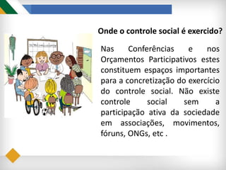 Onde o controle social é exercido?
Nas Conferências e nos
Orçamentos Participativos estes
constituem espaços importantes
para a concretização do exercício
do controle social. Não existe
controle social sem a
participação ativa da sociedade
em associações, movimentos,
fóruns, ONGs, etc .
 