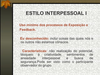ESTILO INTERPESSOAL I
Uso mínimo dos processos de Exposição e
Feedback.
Eu desconhecido: inclui coisas das quais nós e
os outros não estamos cônscios.
Características: não realização do potencial,
bloqueio à criatividade, sentimentos de
ansiedade interpessoal e busca de
segurança.Pode ser visto como o participante
observador do grupo.
 