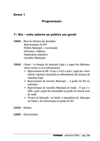 Anexo 1

                          Programação



1o. Dia - noite (aberto ao público em geral)

19h00 : Mesa de Abertura das Atividades:
        Representações da FNS
        Prefeito Municipal e secretariado
        Lideranças religiosas
        Organizações populares
        Conselhos Municipais

19h30 : Painel - As doenças da Amazônia Legal e o papel dos diferentes
        atores sociais no seu enfrentamento
        • Representante do MS - O que é o SUS e qual o papel dos níveis
           federal, regional e municipal no enfrentamento das doenças da
           Amazônia Legal
        • Representante do Governo Municipal - A gestão do SUS no
           município
        • Representante do Conselho Municipal de Saúde - O que é o
           CMS e qual o papel da comunidade na gestão do sistema local
           de saúde
        • Técnico de Educação em Saúde: A importância da Educação
           em Saúde e da Comunicação na gestão do SUS

21h30 : Debates

22h00 : Encerramento




                                     FUNASA - setembro/2001 - pág. 55
 