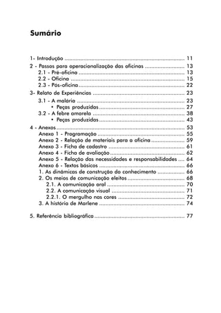 Sumário


1- Introdução ............................................................................     11
2 - Passos para operacionalização das oficinas .........................                       13
    2.1 - Pré-oficina ...................................................................      13
    2.2 - Oficina ........................................................................     15
    2.3 - Pós-oficina ...................................................................      22
3- Relato de Experiências ..........................................................           23
    3.1 - A malária ....................................................................       23
          • Peças produzidas ......................................................            27
    3.2 - A febre amarela ..........................................................           38
          • Peças produzidas ......................................................            43
4 - Anexos .................................................................................   53
    Anexo 1 - Programação .......................................................              55
    Anexo 2 - Relação de materiais para a oficina .....................                        59
    Anexo 3 - Ficha de cadastro ................................................               61
    Anexo 4 - Ficha de avaliação ...............................................               62
    Anexo 5 - Relação das necessidades e responsabilidades ....                                64
    Anexo 6 - Textos básicos ......................................................            66
    1. As dinâmicas de construção do conhecimento .................                            66
    2. Os meios de comunicação eleitos ....................................                    68
       2.1. A comunicação oral .................................................               70
       2.2. A comunicação visual ..............................................                71
       2.2.1. O mergulho nas cores ..........................................                  72
    3. A história de Marlene ......................................................            74

5. Referência bibliográfica ......................................................... 77
 