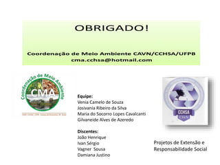 Equipe:
Venia Camelo de Souza
Josivania Ribeiro da Silva
Maria do Socorro Lopes Cavalcanti
Gilvaneide Alves de Azeredo
Discentes:
João Henrique
Ivan Sérgio
Vagner Sousa
Damiana Justino
Projetos de Extensão e
Responsabilidade Social
 