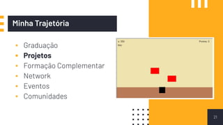 ▪ Graduação
▪ Projetos
▪ Formação Complementar
▪ Network
▪ Eventos
▪ Comunidades
21
Minha Trajetória
 