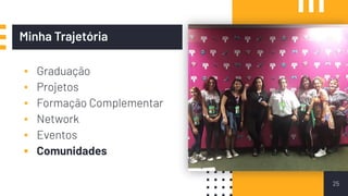 ▪ Graduação
▪ Projetos
▪ Formação Complementar
▪ Network
▪ Eventos
▪ Comunidades
25
Minha Trajetória
 