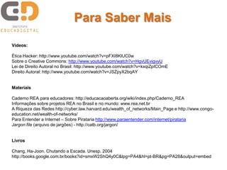 Para Saber Mais

Vídeos:

Ética Hacker: http://www.youtube.com/watch?v=pFXI8KlUC0w
Sobre o Creative Commons: http://www.youtube.com/watch?v=HgvUEvigvyU
Lei de Direito Autoral no Brasil: http://www.youtube.com/watch?v=kxqiZpICOmE
Direito Autoral: http://www.youtube.com/watch?v=JSZpyX2bqAY


Materiais

Caderno REA para educadores: http://educacaoaberta.org/wiki/index.php/Caderno_REA
Informações sobre projetos REA no Brasil e no mundo: www.rea.net.br
A Riqueza das Redes http://cyber.law.harvard.edu/wealth_of_networks/Main_Page e http://www.congo-
education.net/wealth-of-networks/
Para Entender a Internet – Sobre Pirataria http://www.paraentender.com/internet/pirataria
Jargon file (arquivo de jargões) - http://catb.org/jargon/


Livros

Chang, Ha-Joon. Chutando a Escada. Unesp. 2004
http://books.google.com.br/books?id=smxW2ShQ4y0C&lpg=PA4&hl=pt-BR&pg=PA28&output=embed
 