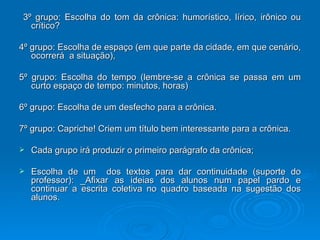 3º grupo: Escolha do tom da crônica: humorístico, lírico, irônico ou crítico? 4º grupo: Escolha de espaço (em que parte da cidade, em que cenário, ocorrerá  a situação), 5º grupo: Escolha do tempo (lembre-se a crônica se passa em um curto espaço de tempo: minutos, horas) 6º grupo: Escolha de um desfecho para a crônica. 7º grupo: Capriche! Criem um título bem interessante para a crônica. Cada grupo irá produzir o primeiro parágrafo da crônica; Escolha de um  dos textos para dar continuidade (suporte do professor): _Afixar as ideias dos alunos num papel pardo e continuar a escrita coletiva no quadro baseada na sugestão dos alunos. 
