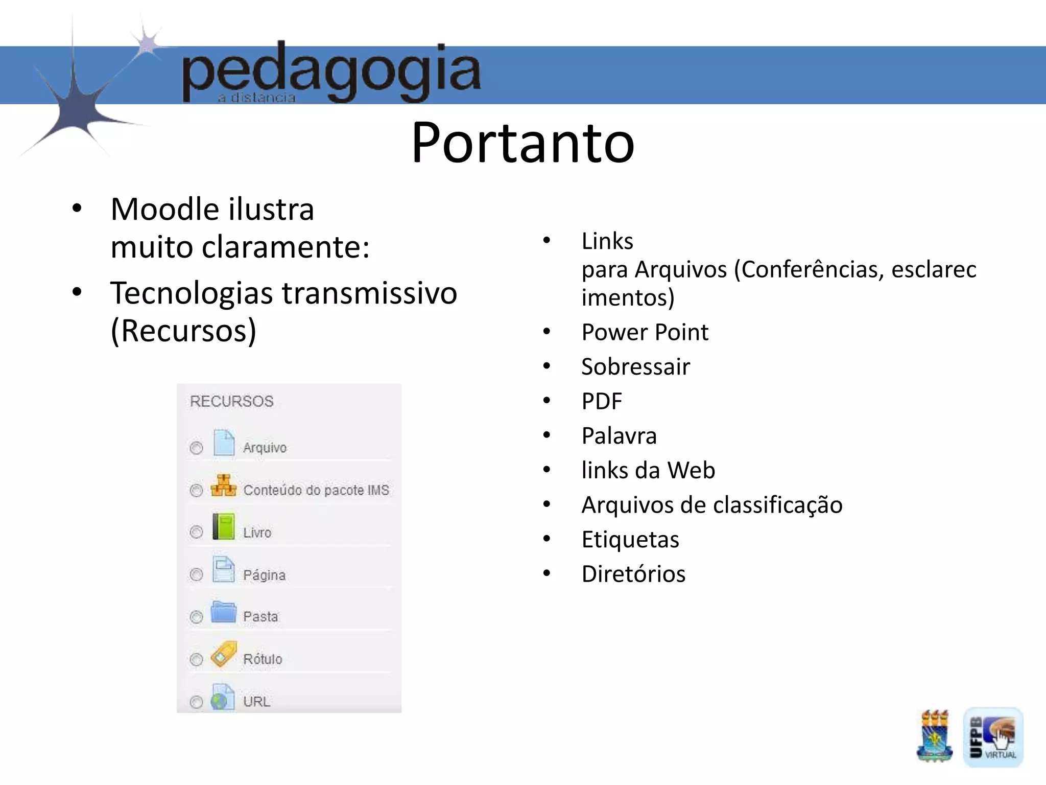 Portanto
• Moodle ilustra
muito claramente:
• Tecnologias transmissivo
(Recursos)
• Links
para Arquivos (Conferências, esclarec
imentos)
• Power Point
• Sobressair
• PDF
• Palavra
• links da Web
• Arquivos de classificação
• Etiquetas
• Diretórios
 