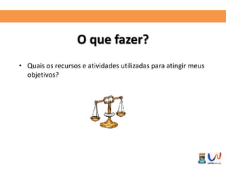O que fazer? 
• Quais os recursos e atividades utilizadas para atingir meus 
objetivos? 
 