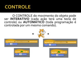 O CONTROLE do movimento do objeto pode
ser INTERATIVO (cada ação terá uma tecla de
controle) ou AUTOMÁTICO (toda programação é
controlada por um mesmo comando).
 
