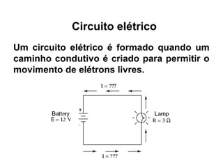 Circuito elétrico
Um circuito elétrico é formado quando um
caminho condutivo é criado para permitir o
movimento de elétrons livres.
 