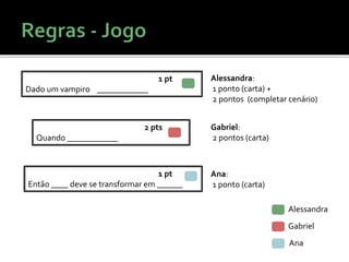 Alessandra
Gabriel
Ana
1 pt
Então ____ deve se transformar em ______
1 pt
Dado um vampiro ____________
2 pts
Quando ____________
Alessandra:
1 ponto (carta) +
2 pontos (completar cenário)
Gabriel:
2 pontos (carta)
Ana:
1 ponto (carta)
 