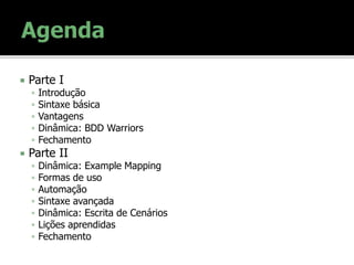  Parte I
 Introdução
 Sintaxe básica
 Vantagens
 Dinâmica: BDD Warriors
 Fechamento
 Parte II
 Dinâmica: Example Mapping
 Formas de uso
 Automação
 Sintaxe avançada
 Dinâmica: Escrita de Cenários
 Lições aprendidas
 Fechamento
 