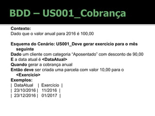 Contexto:
Dado que o valor anual para 2016 é 100,00
Esquema do Cenário: US001_Deve gerar exercício para o mês
seguinte
Dado um cliente com categoria “Aposentado” com desconto de 90,00
E a data atual é <DataAtual>
Quando gerar a cobrança anual
Então deve ser criada uma parcela com valor 10,00 para o
<Exercício>
Exemplos:
| DataAtual | Exercício |
| 23/10/2016 | 11/2016 |
| 23/12/2016 | 01/2017 |
 