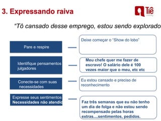 “Tô cansado desse emprego, estou sendo explorado!
Expresse seus sentimentos e
Necessidades não atendidas
Pare e respire
Identifique pensamentos
julgadores
Conecte-se com suas
necessidades
Faz três semanas que eu não tenho
um dia de folga e não estou sendo
recompensado pelas horas
extras....sentimentos, pedidos.
Deixe começar o “Show do lobo”
Meu chefe quer me fazer de
escravo! O salário dele é 100
vezes maior que o meu, etc etc
Eu estou cansado e preciso de
reconhecimento
 