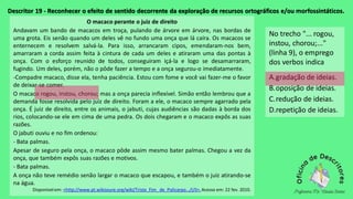 Descritor 19 - Reconhecer o efeito de sentido decorrente da exploração de recursos ortográficos e/ou morfossintáticos.
O macaco perante o juiz de direito
Andavam um bando de macacos em troça, pulando de árvore em árvore, nas bordas de
uma grota. Eis senão quando um deles vê no fundo uma onça que lá caíra. Os macacos se
enternecem e resolvem salvá-la. Para isso, arrancaram cipos, emendaram-nos bem,
amarraram a corda assim feita à cintura de cada um deles e atiraram uma das pontas à
onça. Com o esforço reunido de todos, conseguiram içá-la e logo se desamarraram,
fugindo. Um deles, porém, não o pôde fazer a tempo e a onça segurou-o imediatamente.
-Compadre macaco, disse ela, tenha paciência. Estou com fome e você vai fazer-me o favor
de deixar-se comer.
O macaco rogou, instou, chorou; mas a onça parecia inflexível. Simão então lembrou que a
demanda fosse resolvida pelo juiz de direito. Foram a ele, o macaco sempre agarrado pela
onça. É juiz de direito, entre os animais, o jabuti, cujas audiências são dadas à borda dos
rios, colocando-se ele em cima de uma pedra. Os dois chegaram e o macaco expôs as suas
razões.
O jabuti ouviu e no fim ordenou:
- Bata palmas.
Apesar de seguro pela onça, o macaco pôde assim mesmo bater palmas. Chegou a vez da
onça, que também expôs suas razões e motivos.
- Bata palmas.
A onça não teve remédio senão largar o macaco que escapou, e também o juiz atirando-se
na água.
Disponível em: <http://www.pt.wikisoure.org/wiki/Triste_Fim_ de_Policarpo.../I/II>.Acesso em: 22 fev. 2010.
No trecho "... rogou,
instou, chorou;..."
(linha 9), o emprego
dos verbos indica
A.gradação de ideias.
B.oposição de ideias.
C.redução de ideias.
D.repetição de ideias.
 