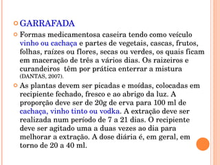 GARRAFADA Formas medicamentosa caseira tendo como veículo  vinho ou cachaça  e partes de vegetais, cascas, frutos, folhas, raízes ou flores, secas ou verdes, os quais ficam em maceração de três a vários dias. Os raizeiros e curandeiros  têm por prática enterrar a mistura  (DANTAS, 2007).  As plantas devem ser picadas e moídas, colocadas em recipiente fechado, fresco e ao abrigo da luz. A proporção deve ser de 20g de erva para 100 ml de  cachaça, vinho tinto ou vodka . A extração deve ser realizada num período de 7 a 21 dias. O recipiente deve ser agitado uma a duas vezes ao dia para melhorar a extração. A dose diária é, em geral, em torno de 20 a 40 ml. 